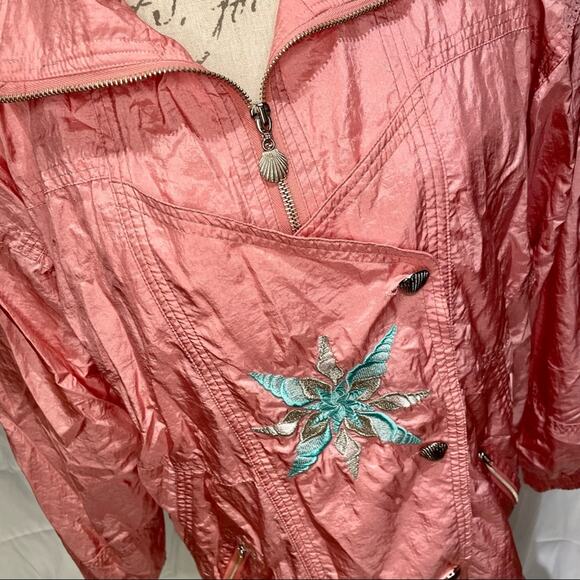 Vintage 80s Pink Seashell Grandma Oversized Windbreaker Sz M Shell Button - Picture 5 of 11